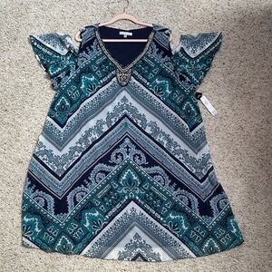 Sandra Darren Blue and Green Patterned Dress